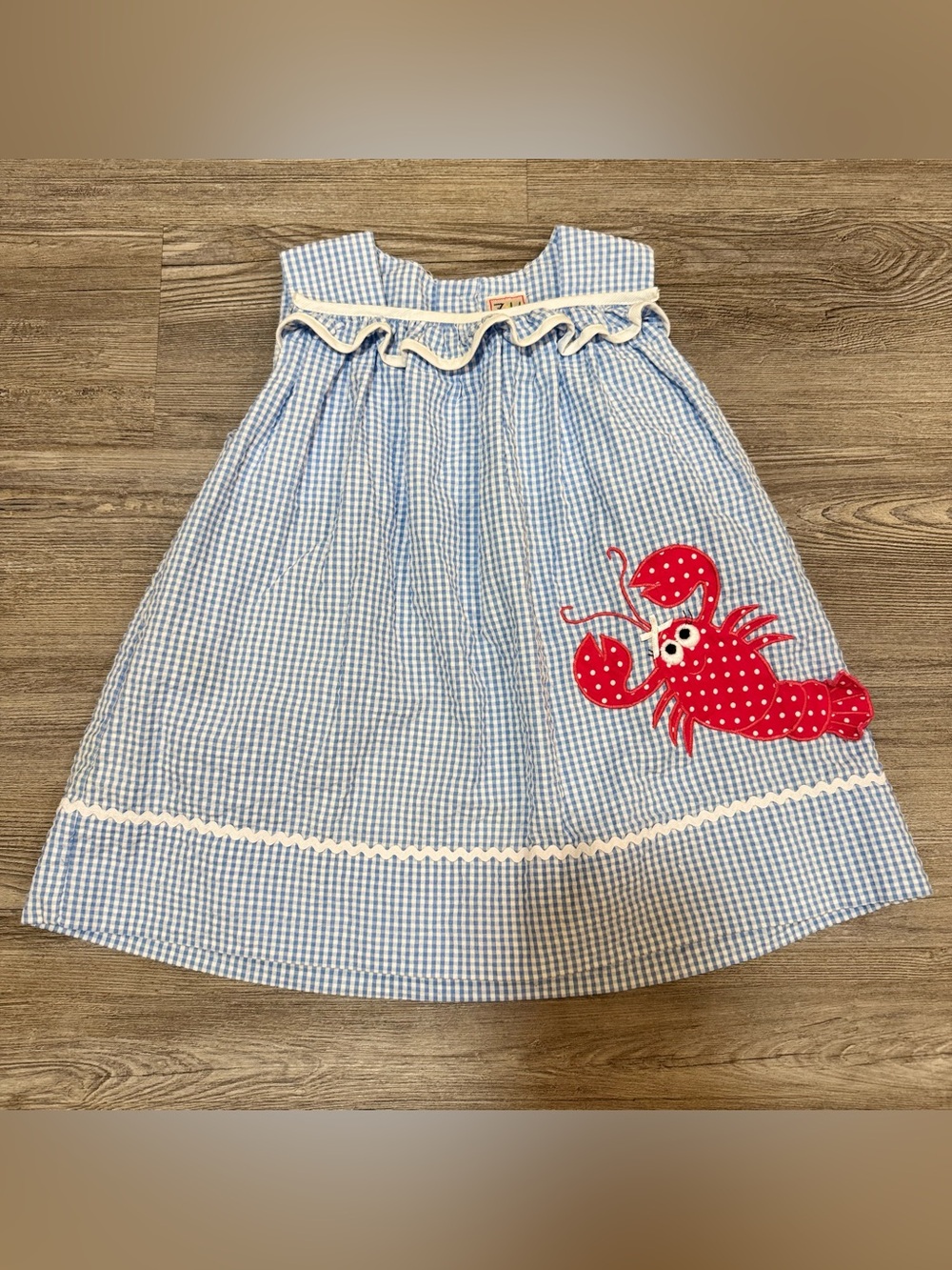 ZU Girls 2T Blue Seersucker Gingham Lobster Dress Coastal Summer Boutique